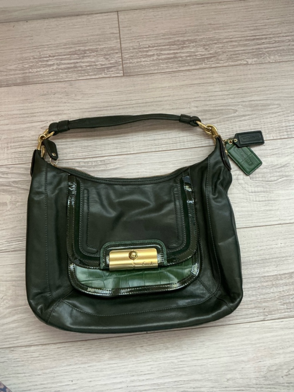 Coach Dark Green Leather Shoulder Bag with Gold-Tone Hardware